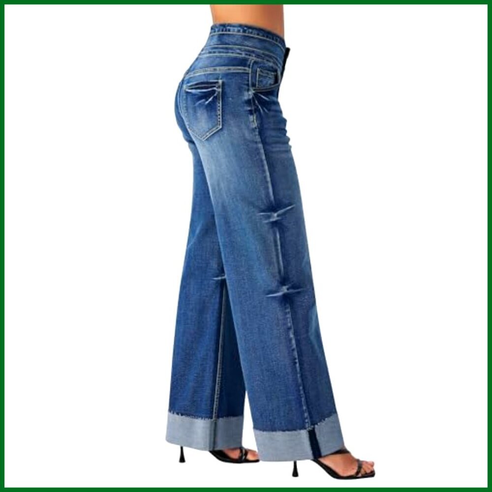 High Waisted Stretchy Wide Leg Jeans Cuffed Baggy Loose Denim Pants - Picture 2 of 7